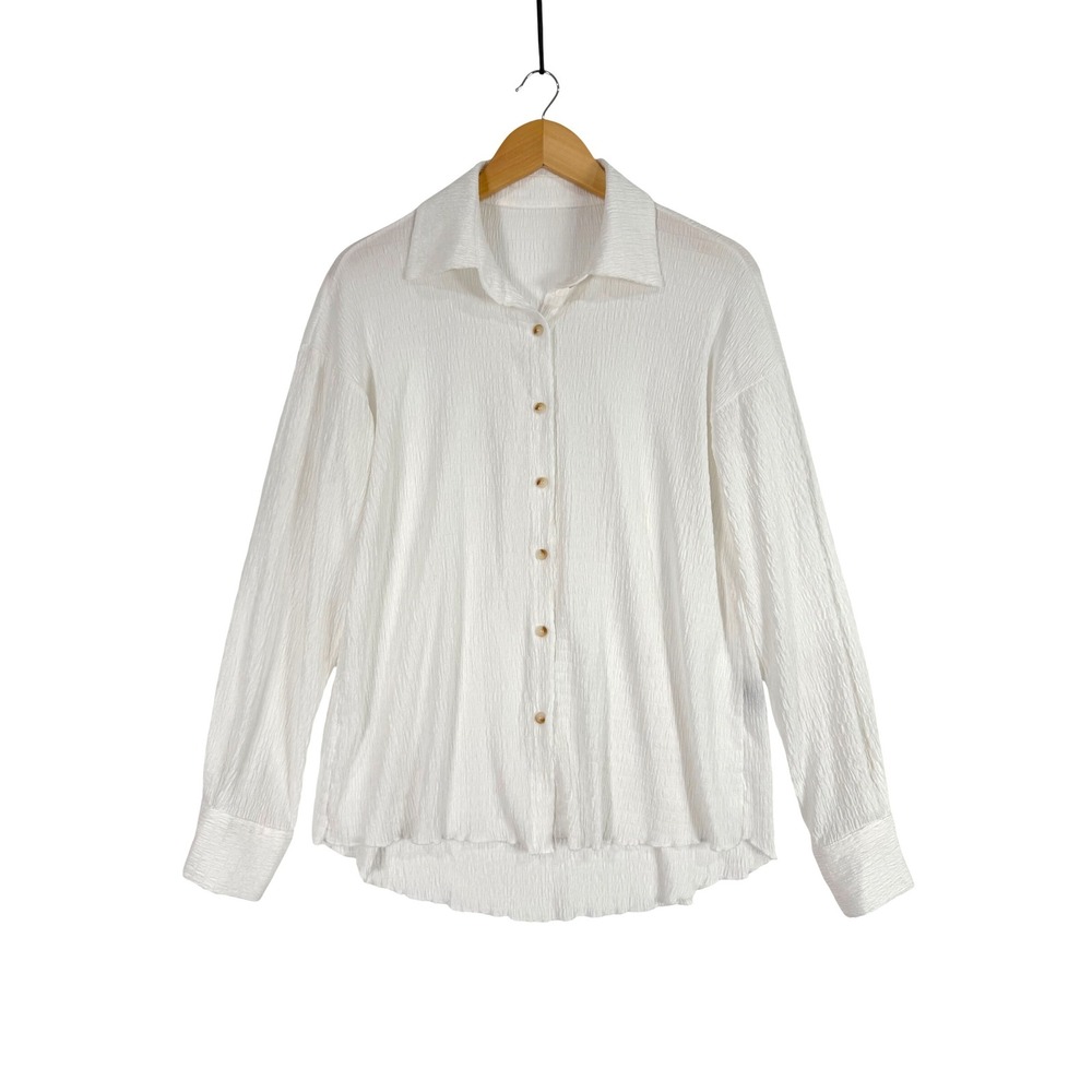 Cider Button Down Shirt Women XS White Textured Long Sleeve Crinkle Blouse